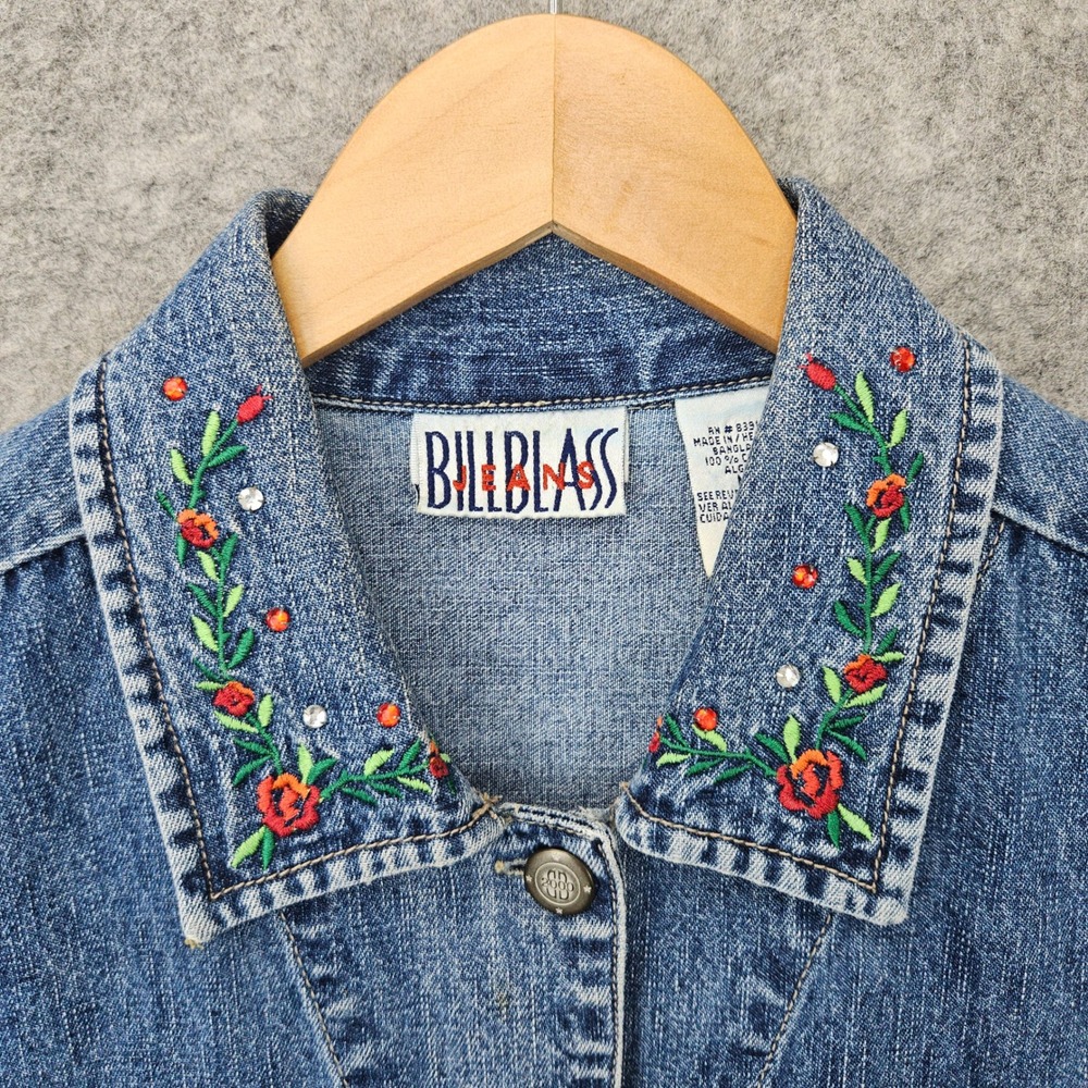 Bill Blass Denim Vest Women's Blue Medium Embroidered Floral Rose Rhinestone 90s - Picture 9 of 10